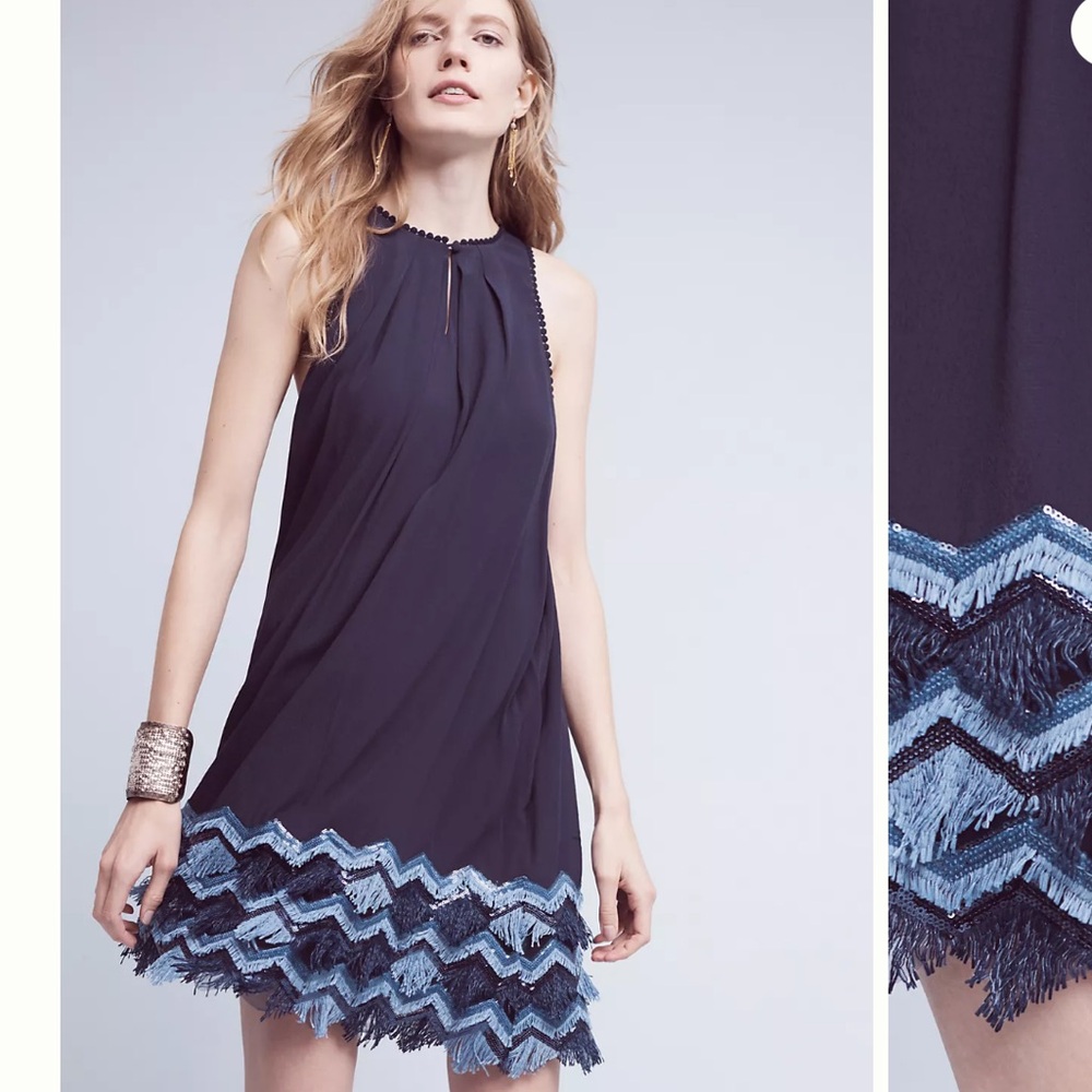 Anthropologie Maeve Festive Swing Elegant Navy Sequin Fringe Sleeveless Dress - Picture 2 of 11
